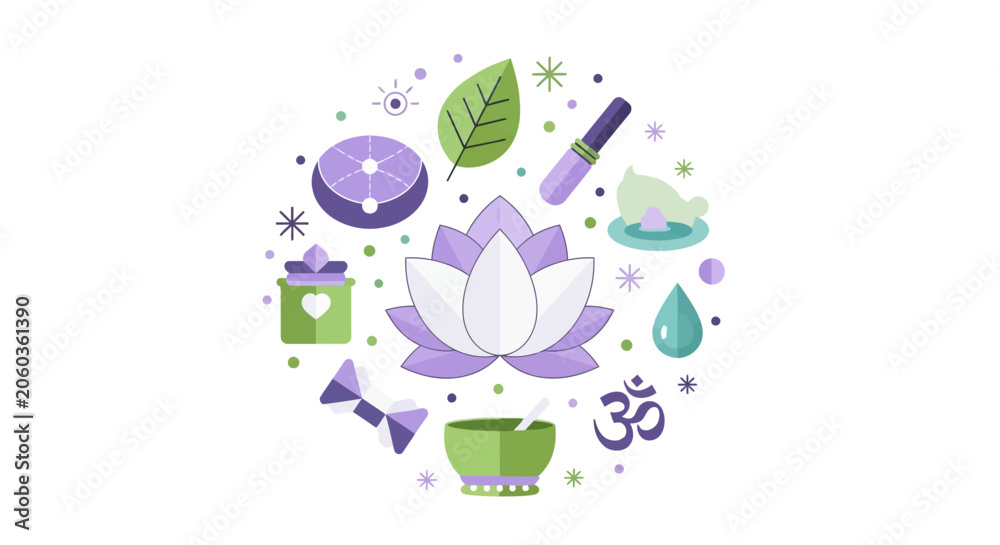 Fototapeta premium Holistic Wellness and Spa Flat Vector Illustration with Lotus Flower, Yoga Symbols, and Aromatherapy Icons in a Circular Arrangement