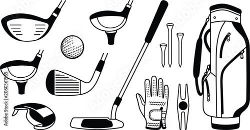 Foto Golf Equipment and Accessories Vector Set Featuring Clubs, Golf Bag, Ball, Tees,
