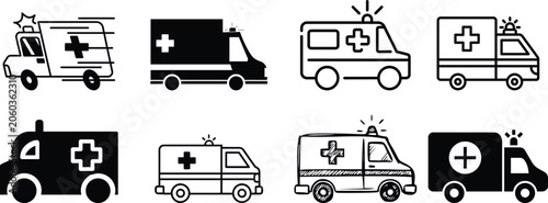 Quadro su tela Black ambulance icon set representing emergency medical transport, healthcare re