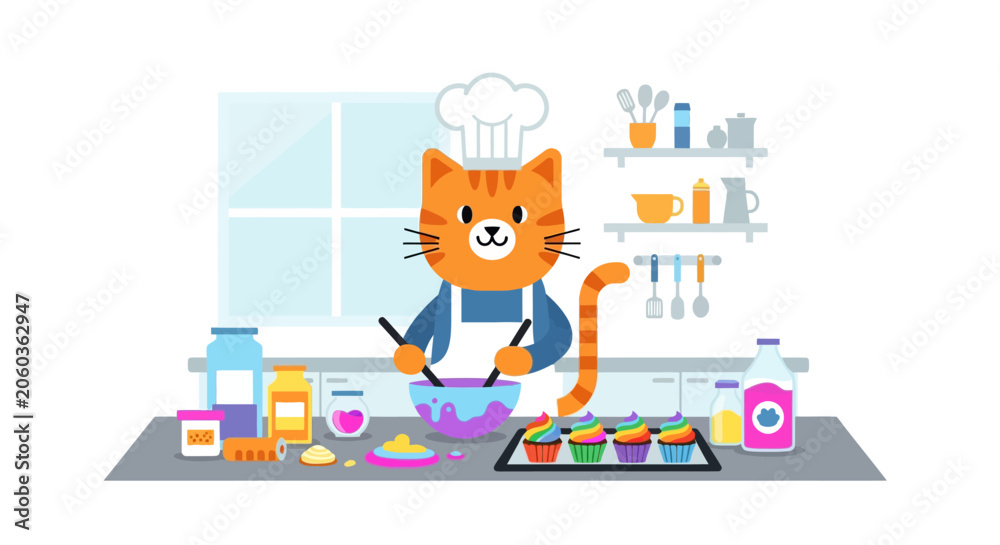 Fototapeta premium Chef Cat Baking Cupcakes in Kitchen Flat Illustration | Cute Animal Cooking