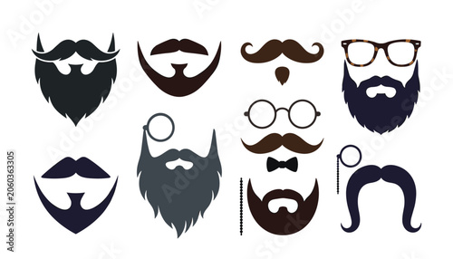 Vintage mustache and beard silhouette barber shop vector set. Hipster facial hair, glasses, monocle, bowtie and gentleman style icons.