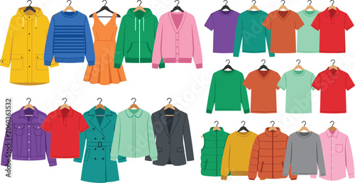 Fashion Clothing Collection Vector Set Featuring Casual Wear, Outerwear, Knitwear, Shirts, Dresses, Jackets, and Modern Apparel Essentials
