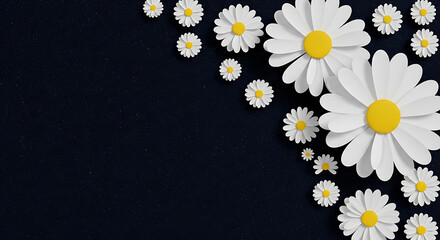 White daisy flowers floral border on black background with background botanical decorative arrangement minimalist isolated