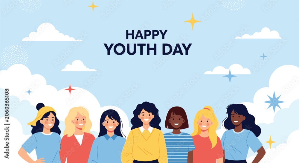 Fototapeta premium Group of diverse young women smile together under a happy youth day banner with a blue sky background filled with clouds and stars.
