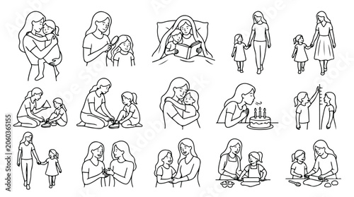 Slika na platnu Minimalist mother and daughter line art collection, 15 black and white family li