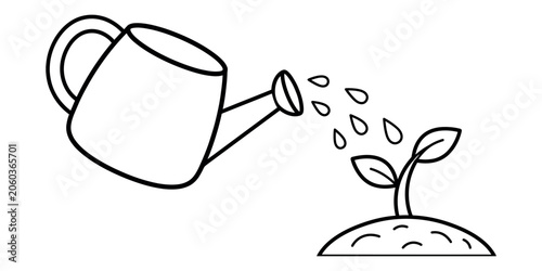 Watering can showering a young seedling emerging from soil during simple growth concept in line art style
