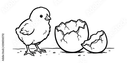 Newborn chick emerging from cracked eggshell in simple outline vector silhouette