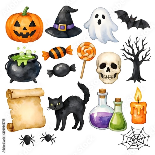 Watercolor Halloween elements clip art isolated on white background 