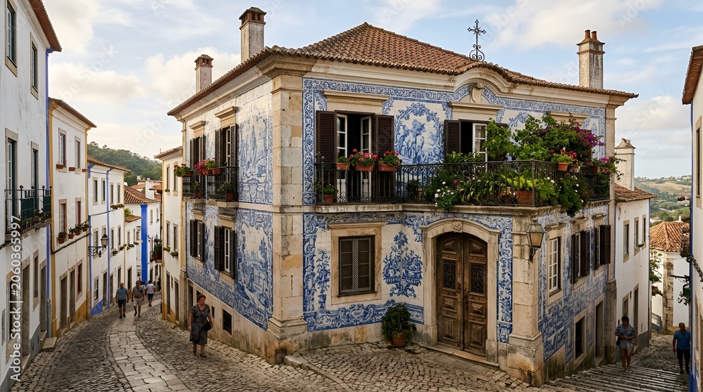 Fototapeta premium Charming Azulejo House on Cobblestone Street in Portugal