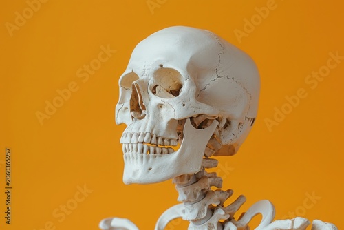 Artificial human skeleton model on yellow background. Space for text