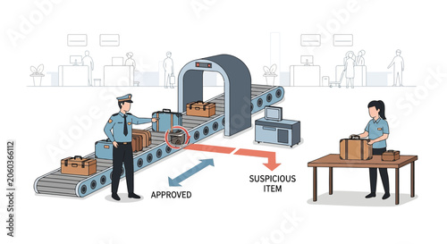 Airport Security Checkpoint with X-ray Scanner and Luggage Inspection