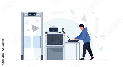 Airport Security Checkpoint with X-ray Scanner and Metal Detector