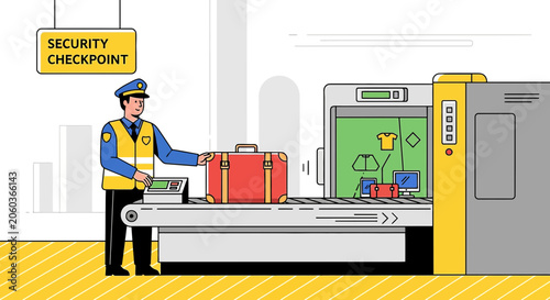 Airport security checkpoint with X-ray scanner and officer checking luggage