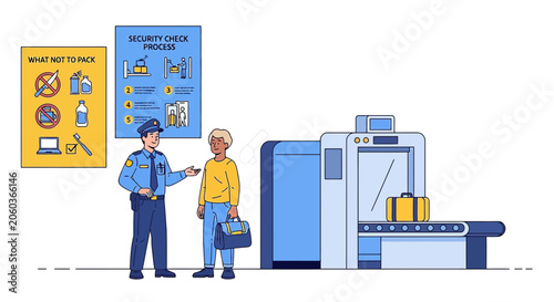 Airport Security Checkpoint with X-ray Scanner and Officer Assisting Traveler