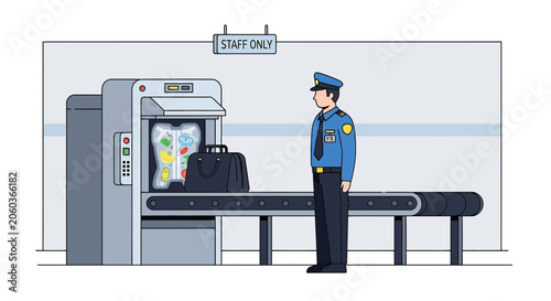 Airport security checkpoint with x-ray scanner and officer, luggage screening