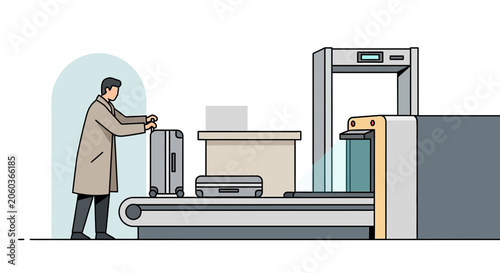 Airport Security Checkpoint with X-ray Scanner and Passenger with Luggage