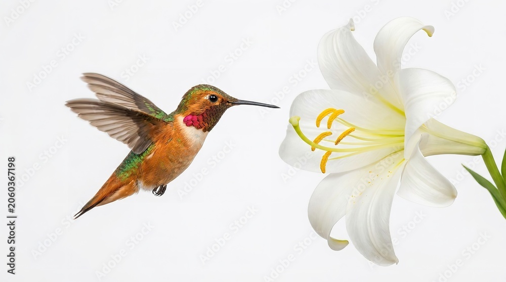 Obraz premium Vibrant rufous hummingbird hovers near a beautiful white lily flower against a clean isolated background