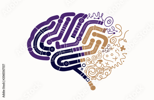 Brain illustration depicts a sophisticated network of interconnected pipelines and complex neural pathways representing the intricate processes of human cognitive development and analytical thought.