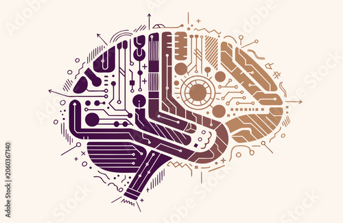 Brain circuit model presents a sophisticated visual representation of cognitive computing and systematic data flow designed to signify the evolution of human knowledge through advanced electronic.
