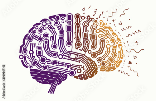 Brain circuit diagram highlights an intricate network of pathways and glowing nodes that illustrate the complexity of deep learning and human consciousness within a modern digital technology.