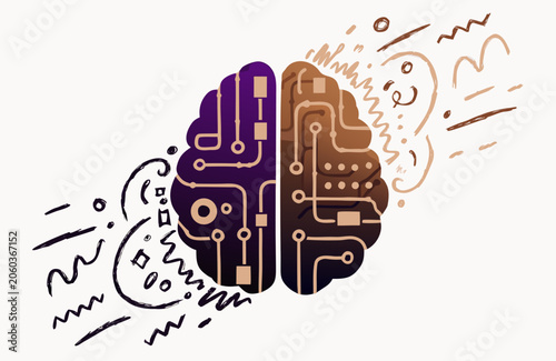 Brain illustration displays a digital circuit board merging with artistic abstract doodles to represent the sophisticated integration of logical artificial intelligence processing and human creative.