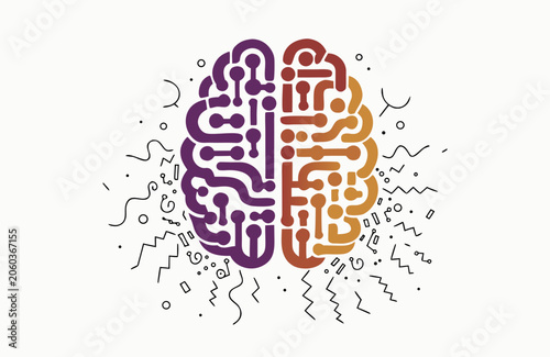 Brain circuit concept shows a bilateral design featuring glowing connections and organic shapes that symbolize the integration of biology with advanced machine learning algorithms and digital.