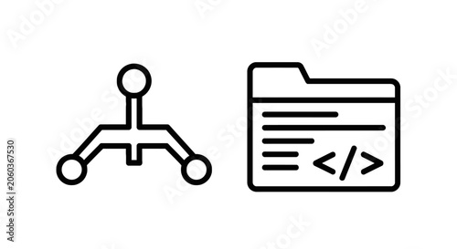 Programming architecture and code development file line icons set illustrating network hierarchy node and source code document folder design graphics