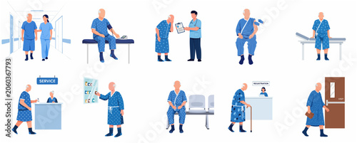 Schilderij op canvas Flat vector illustration set of a senior male patient receiving medical care and undergoing various procedures in a hospital or clinic setting