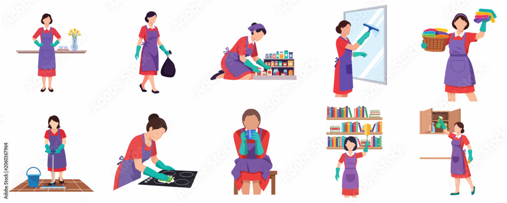 Fototapeta premium Set of Professional Housekeeping and Cleaning Service Illustrations Featuring a Woman Performing Domestic Chores