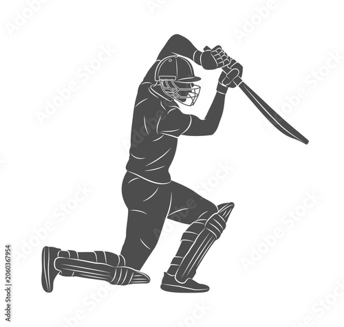 A batsman playing cricket. Silhouette of a cricket batsman. A cricketer in dynamic motion while hitting a ball with a bat. Vector illustration