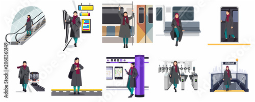 Tableau sur toile Flat vector illustration set of a young woman commuting via subway, including sc