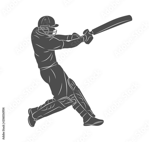 A batsman playing cricket. Silhouette of a cricket batsman. A cricketer in dynamic motion while hitting a ball with a bat. Vector illustration