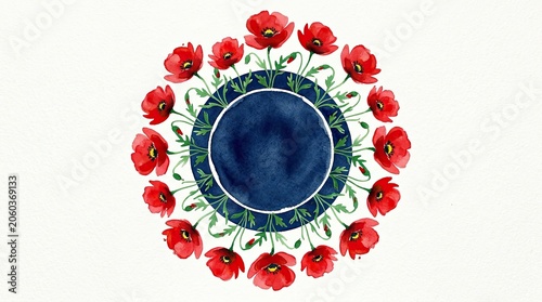 Independence day america floral wreath red poppy watercolor patriotic design