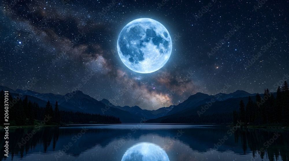 Fototapeta premium Full Moon Reflection on Lake with Milky Way Night Sky
