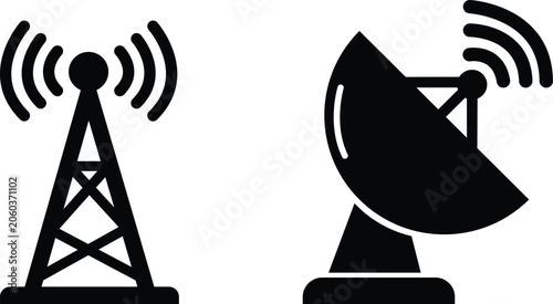 Tableau sur toile Communication technology icons showing a cellular signal tower and a satellite dish antenna set