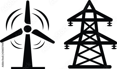 Fotografi Energy production icons featuring a rotating wind turbine and a high voltage electrical pylon