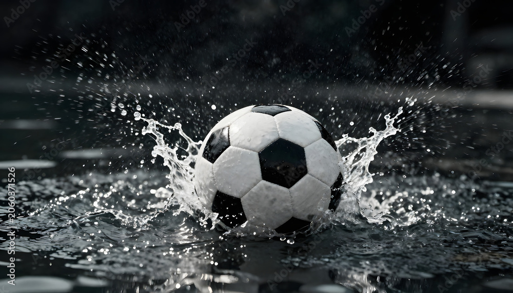 Naklejka premium A soccer ball mid-splash as it strikes the water surface, A vibrant soccer ball covered in glistening water droplets sits prominently against a striking background, created with generative ai