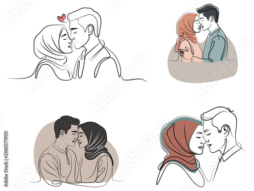 Muslim Couple Line Art Vector . Minimalist Romantic Hijab Couple Design