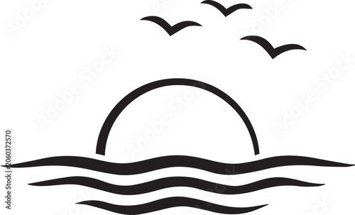Silhouette of seagulls flying over sunset ocean waves Vector