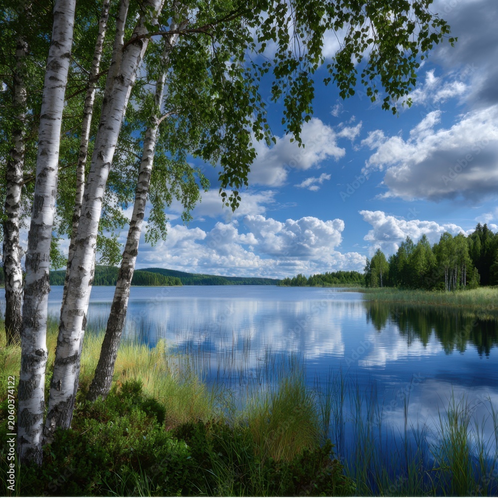 Fototapeta premium Serene lakeside scene with birch trees in the foreground reflecting on calm water under partly cloudy blue sky on a peaceful summer day