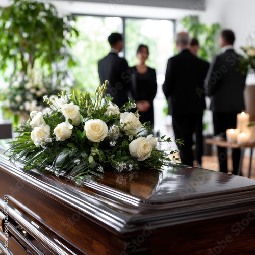 Elegant white floral arrangement on polished wooden coffin during memorial service with people gathered in the background in a serene room with natural light