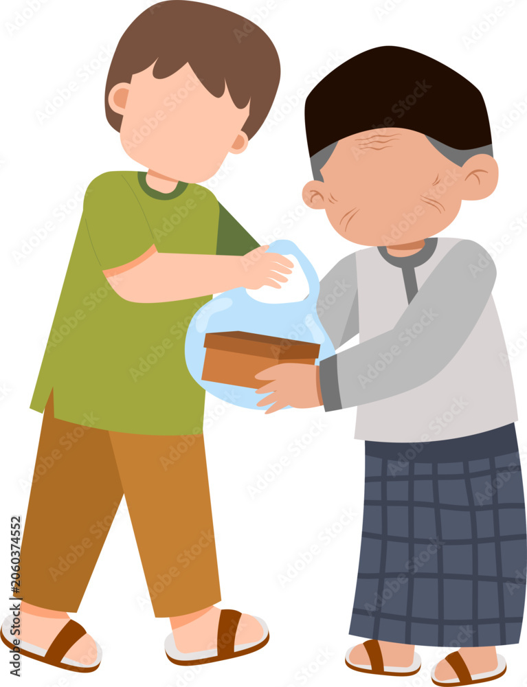 Obraz premium Muslim Boy Giving Charity Food Package to Elderly Man in Islamic Attire