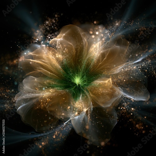 Ethereal golden flower petals glowing with sparkling particles and delicate swirling light effects against a dark background for a magical fantasy concept