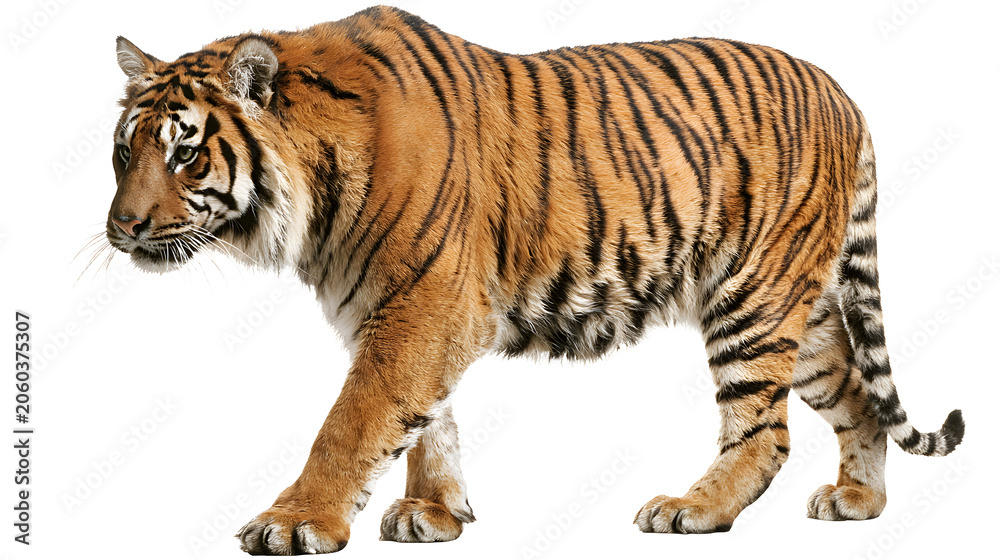 Obraz premium Grand bengal tiger with orange and black stripes, white background