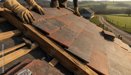 Roofer installing red and gray tiles on wooden roof structure