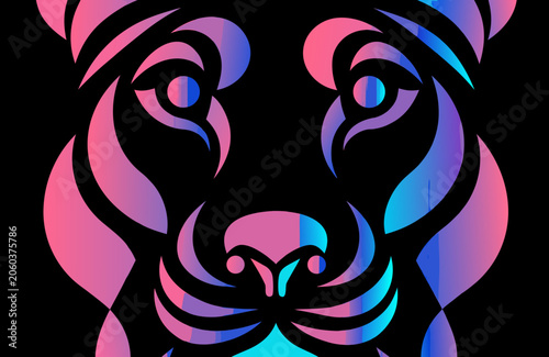 Tiger face features a stylized geometric design with bold gradients of pink, blue, and violet hues that create a modern digital interpretation of a powerful predatory animal on a stark black backdrop.