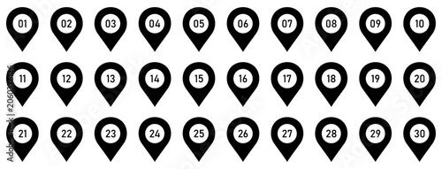Foto Numbered map pin location marker set with navigation, gps, waypoint, destination, locator, route, tracking and position symbols