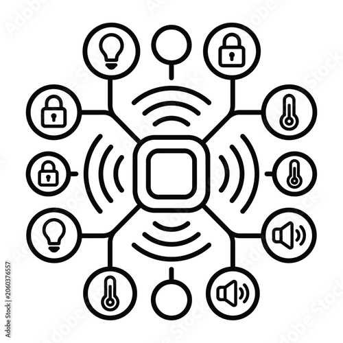 Smart Home Automation Hub Line Icon Vector, IoT Device Network Control System, Connected Smart Home Technology Outline Illustration