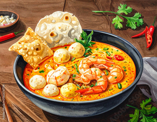 A spicy bowl of laksa noodle soup features shrimp, tofu puffs, and fish cakes in a creamy coconut curry broth.
