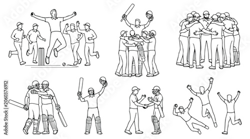 Tableau sur toile Cricket players celebration line art vector set, cricket team victory and sports